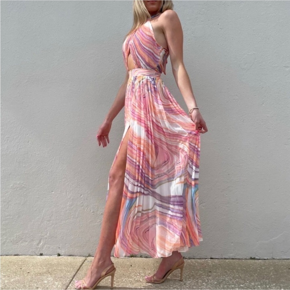 Rococo Sand NWT Dress Eira Long Dress Peach Lilac Chiffon Halter Open Back - Picture 2 of 16
